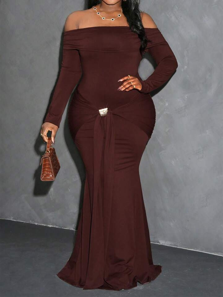 Slaydiva Plus Size Elegant Off-Shoulder Long Sleeve Slim Fit Dress, Casual For Daily Wear | SHEIN