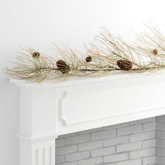 Gold Glittered Green Faux Pine and Pinecone Garland | World Market