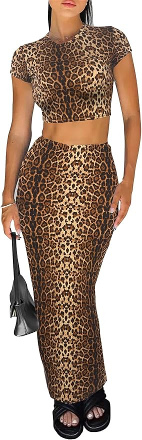 Two Piece Skirt Set for Women 2 PC Y2K Outfits Short Sleeve Crop Tops Bodycon High Waist Long Max... | Amazon (US)