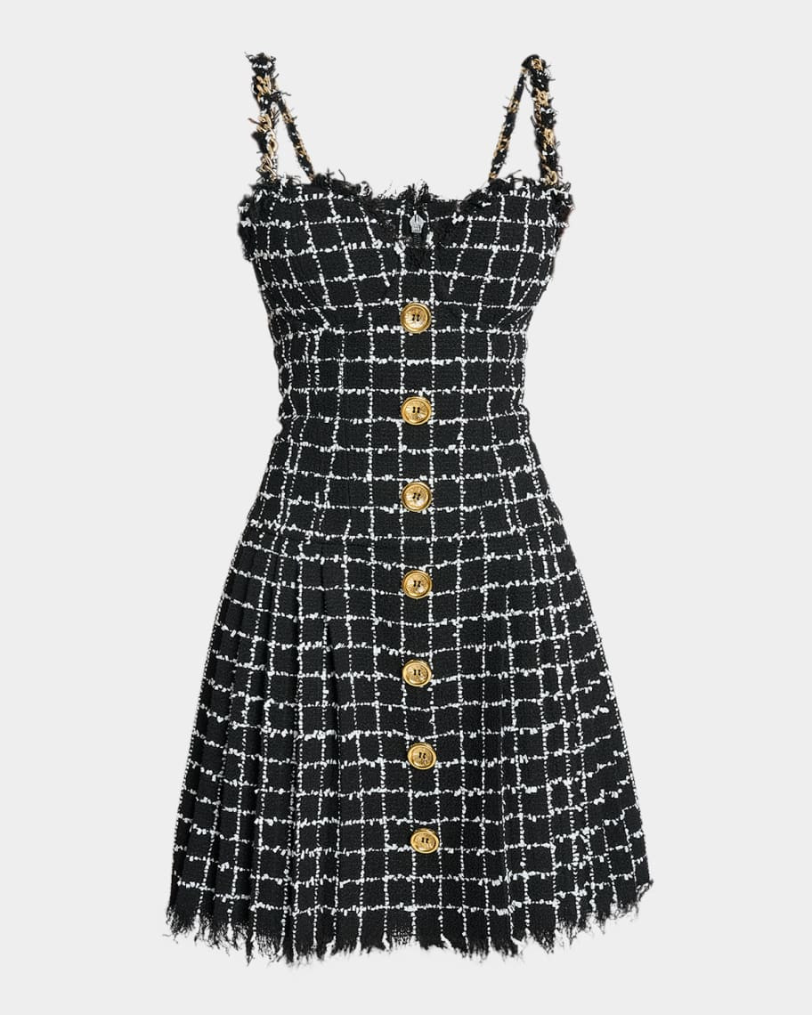 Balmain Buttoned Check Tweed Chain-Strap Mini Dress | Neiman Marcus