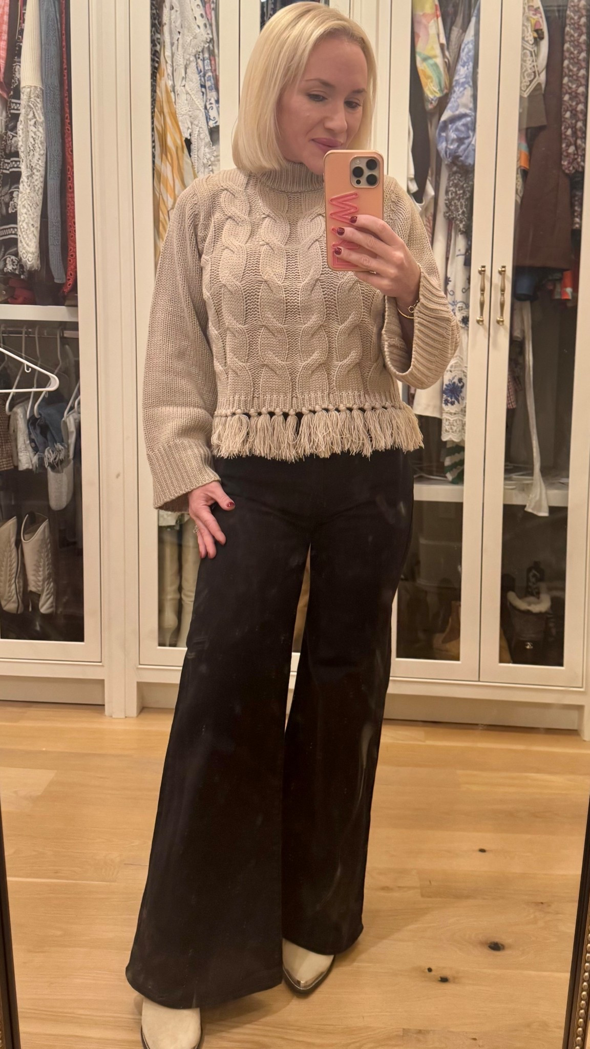 Tuckernuck sweater. Cropped sweater. Size XS. Mother black high waisted flare jeans. Size 25. Wide leg jeans. Fall look. Fall style. Petite style. Western boots. 

#LTKPetite #LTKSeasonal #LTKWorkwear