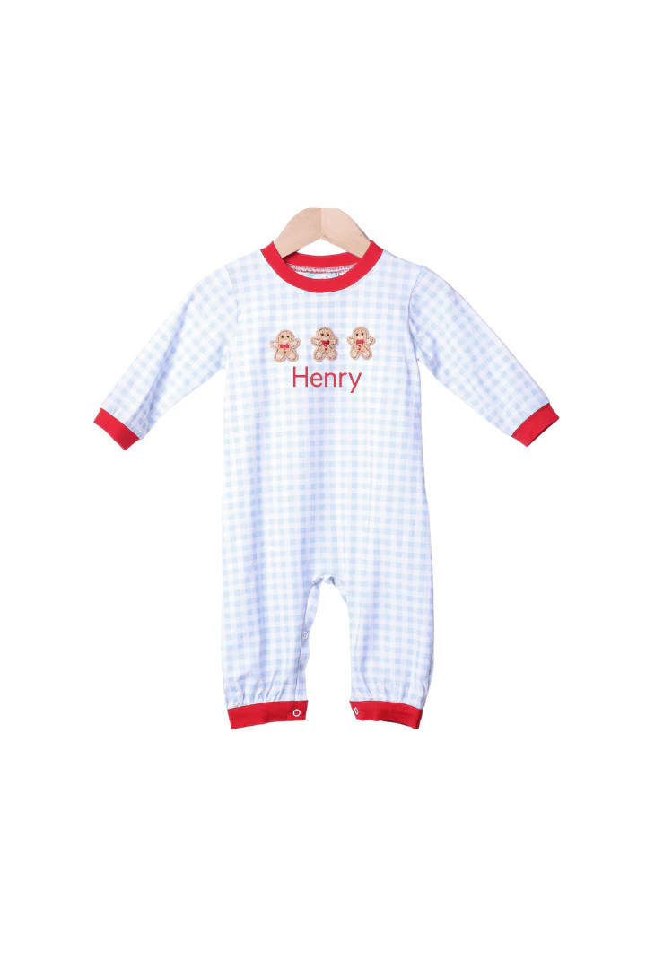 French Knot Gingerbread Blue Gingham Romper | The Smocked Flamingo