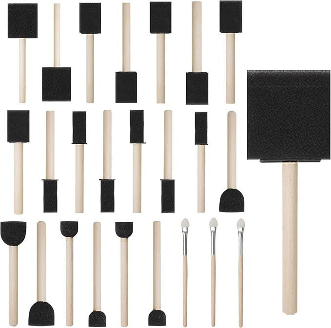 conda 25 Pack Different Size Assorted Foam Brush Set Wood Handle Paint Brush Set | Amazon (US)
