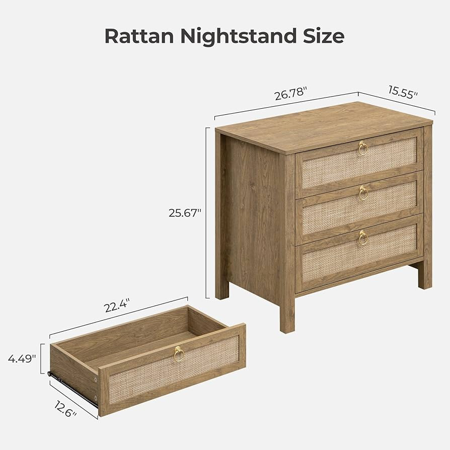 SICOTAS Nightstand Set 2 with Drawers - Large Rattan Bedside Table with Golden Handle, 3 Drawers ... | Amazon (US)
