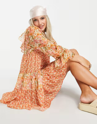 Glamorous frill detail mini smock dress in multi vintage floral chiffon | ASOS (Global)