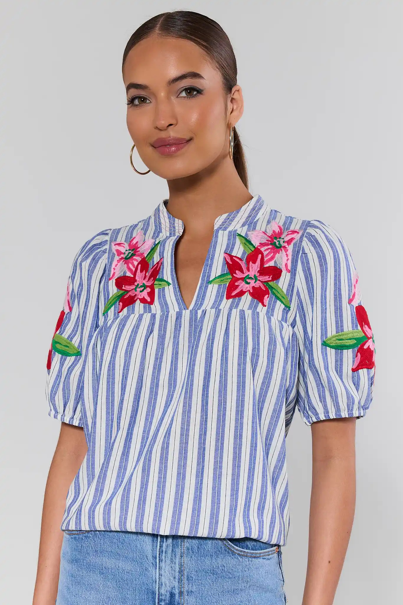 Lakesyn Blue Striped Embroidered Top | Avara