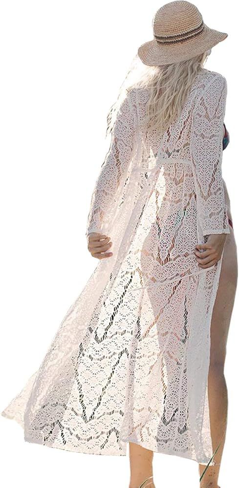 Amazon.com: Women's Beach Blouses Kimono Floral Print Chiffon/Rayon Cardigan Long Bikini Cover Up... | Amazon (US)