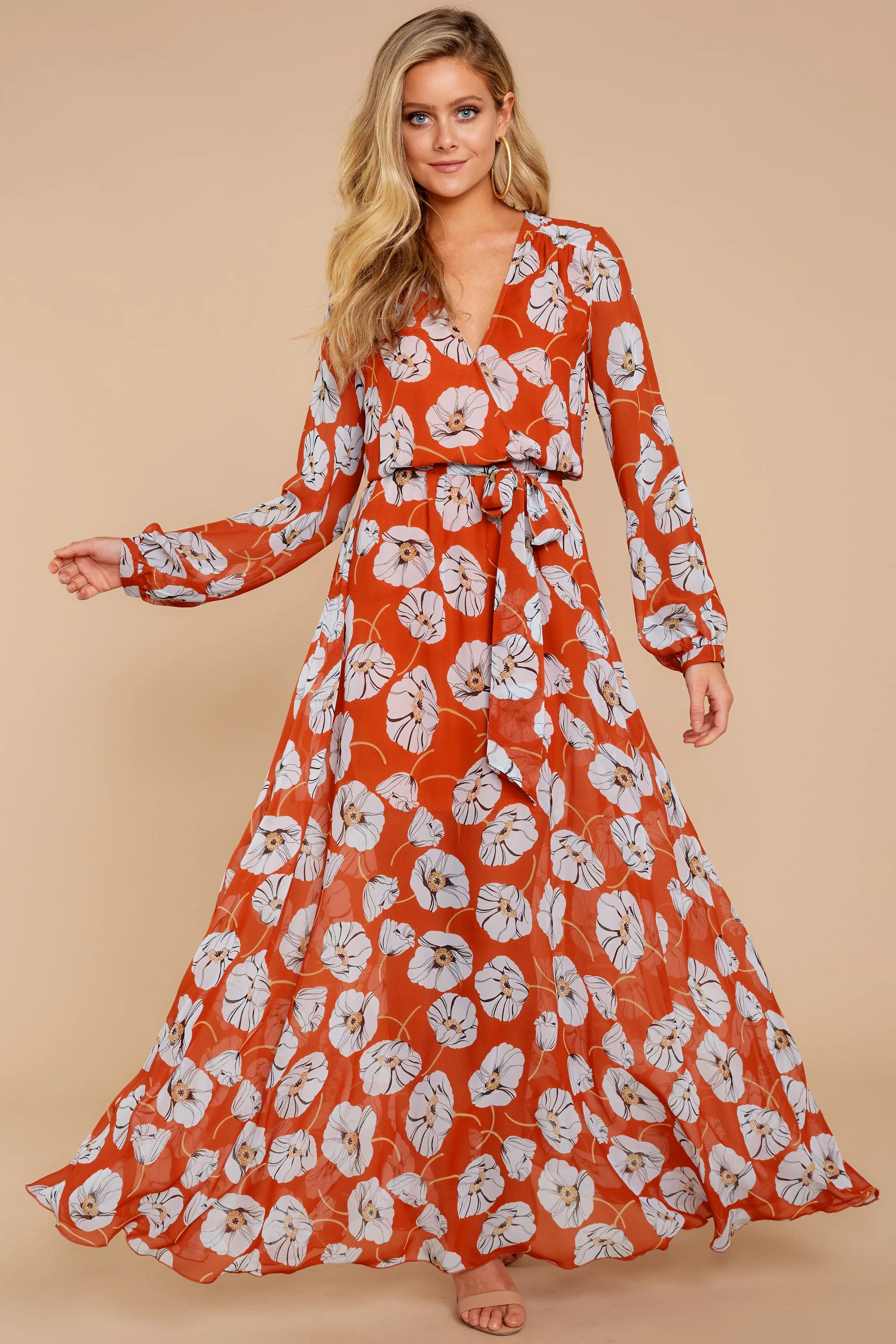 Going To Be Iconic Orange Floral Print Maxi Dress | Red Dress 