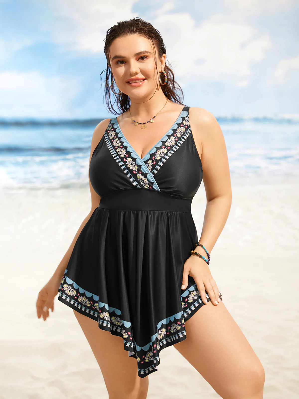 Overlap Collar Boho Print Hanky Hem Swim Dress | Bloomchic