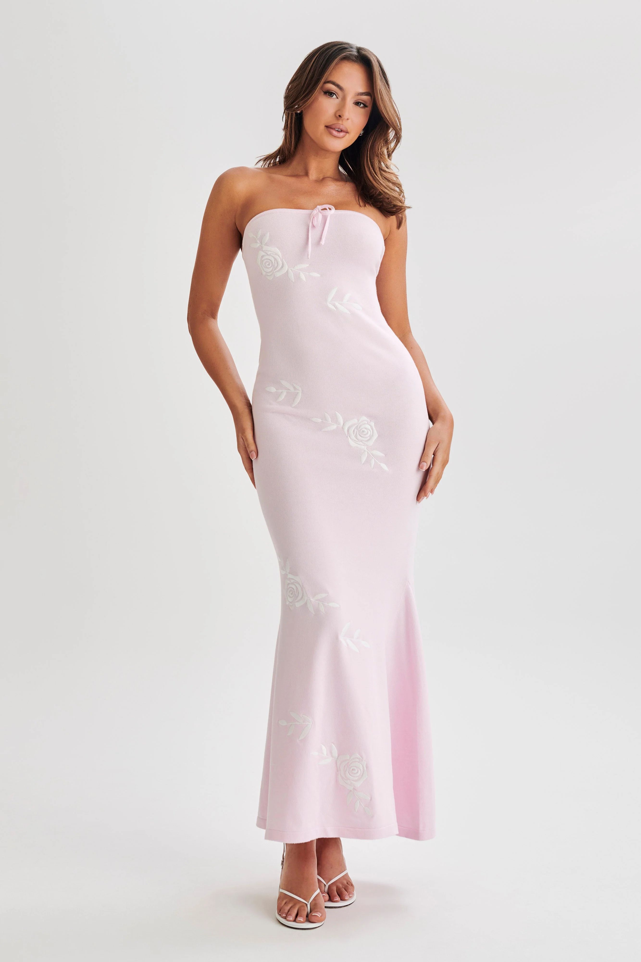 Lorelai Strapless Rose Knit Maxi Dress - Fairy Floss Pink | MESHKI US