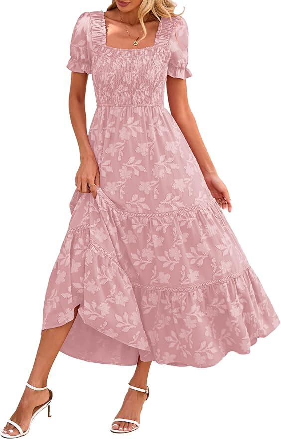 Lazysmile Women's Summer Boho Floral Maxi Dress Short Sleeve Square Neck Smocked Ruffle Elegant W... | Amazon (US)