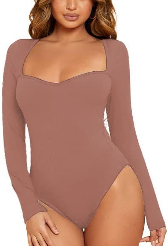 LilyCoco Womens Long Sleeve Bodycon Bodysuit Deep V-Neck Stretchy Leotard Top | Amazon (US)