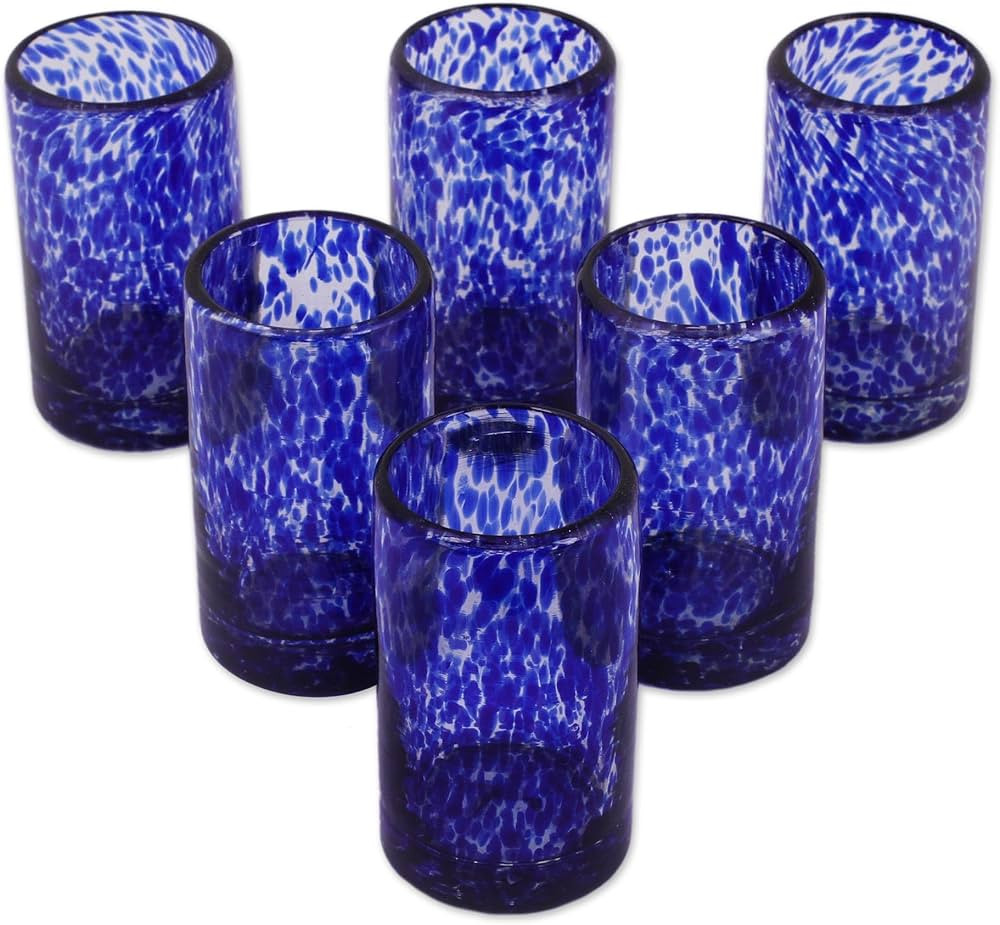 NOVICA Hand Blown Blue Confetti Recycled Glass Juice Glasses, 5 oz 'Marine' (set of 6) | Amazon (US)