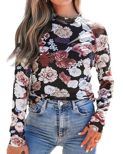Lace Long Sleeve Undershirt for Women Sexy Floral Mesh Long Sleeve Tops Bodycon Mock Neck Going Out See Through Western Tops | Amazon (US)