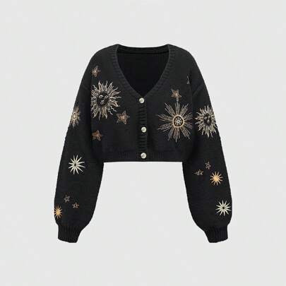 Plus Size Women Mysterious Witch Style Sun & Moon Embroidery Cardigan, For Winter | SHEIN