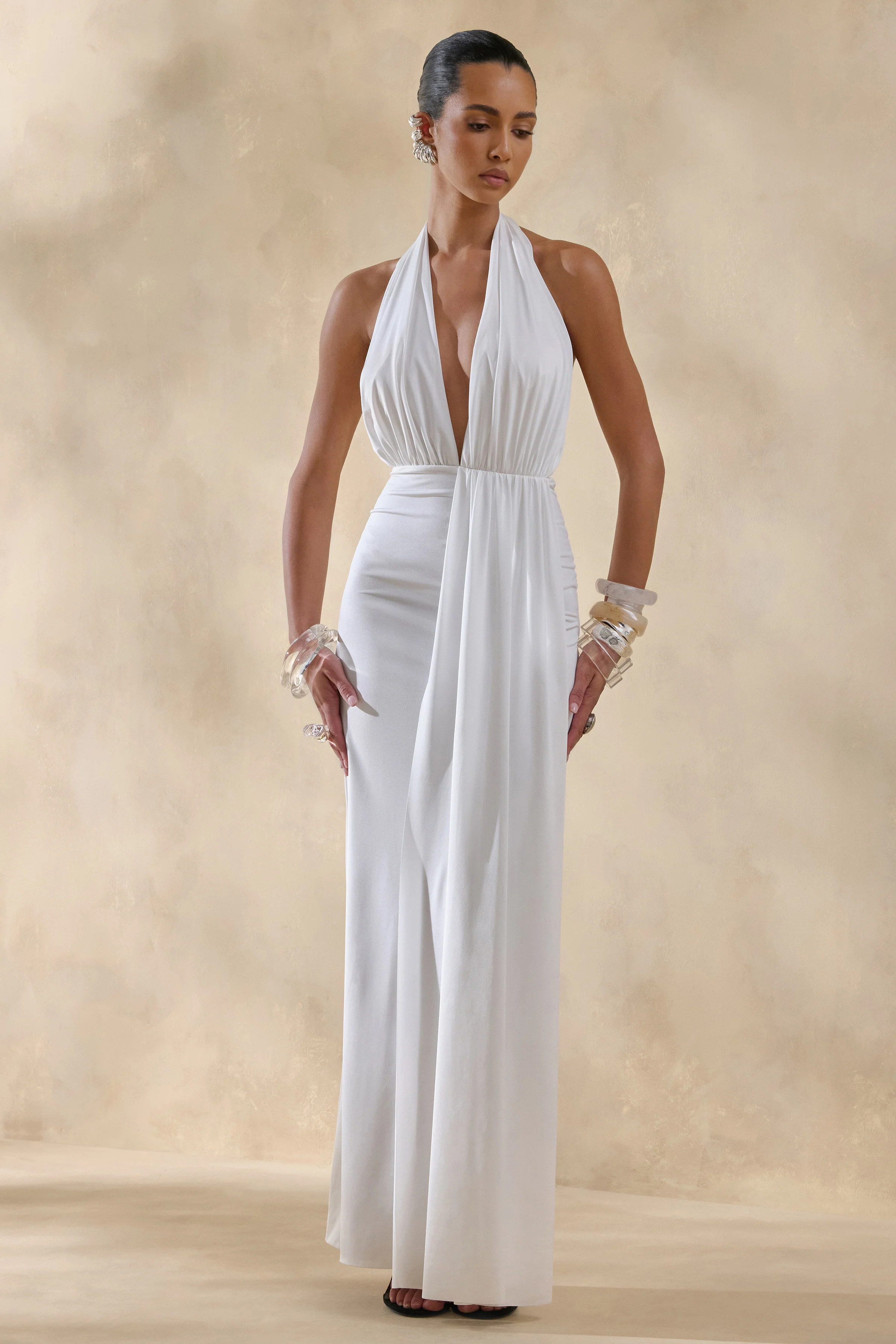 Doria | White Plunge-Neck Maxi Dress | Club L London