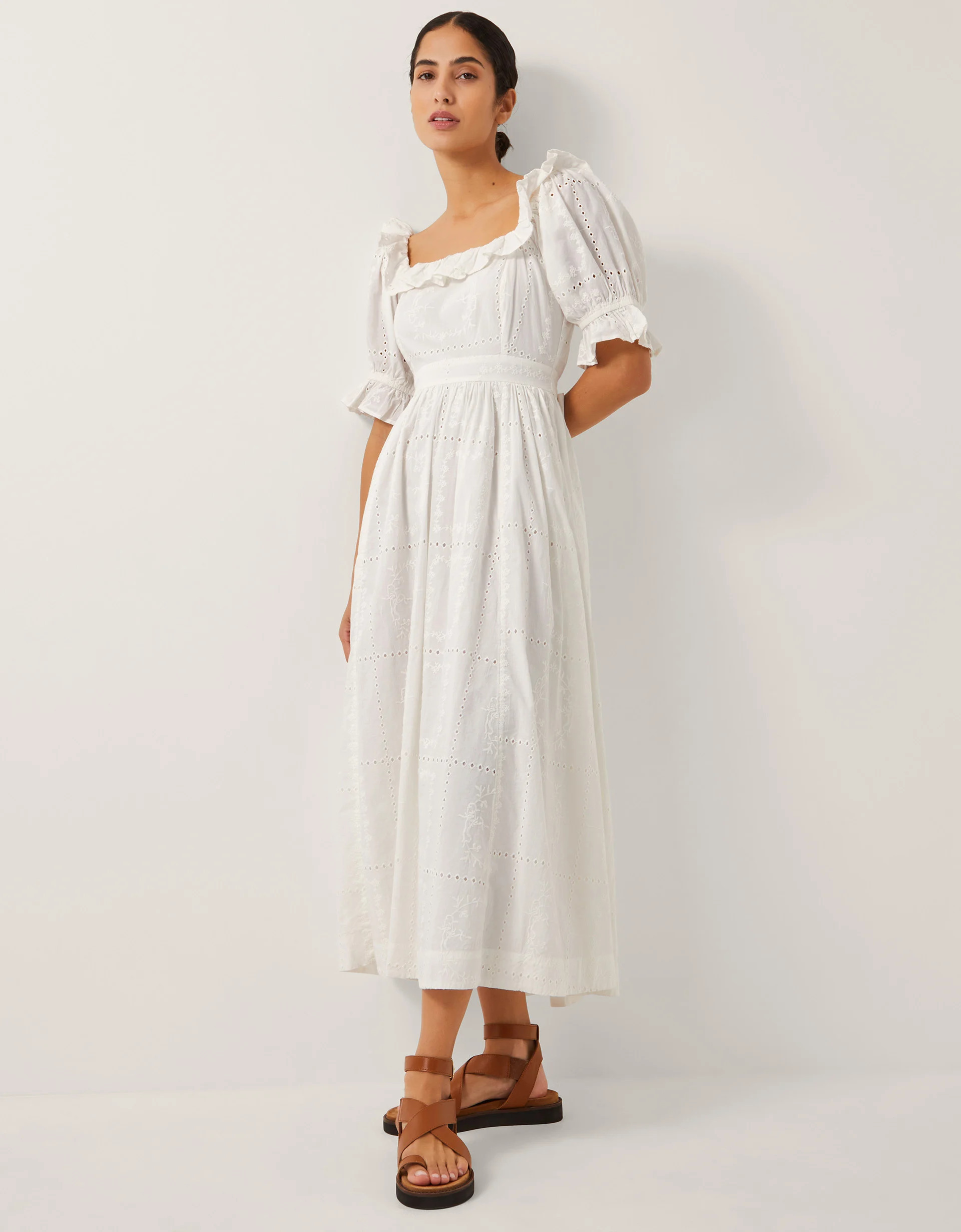 The India Edit Matilda Puff Sleeve Broderie Midi Dress White | Monsoon (UK)