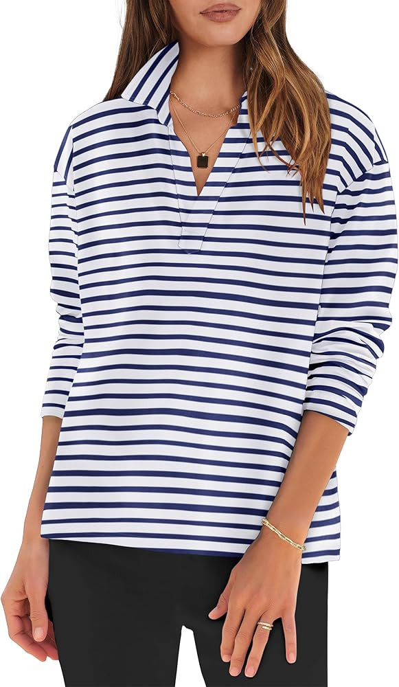 ANRABESS Women Long Sleeve Polo Shirts Casual V Neck Collared Boxy Fit Dressy Work Blouse Top Spr... | Amazon (US)