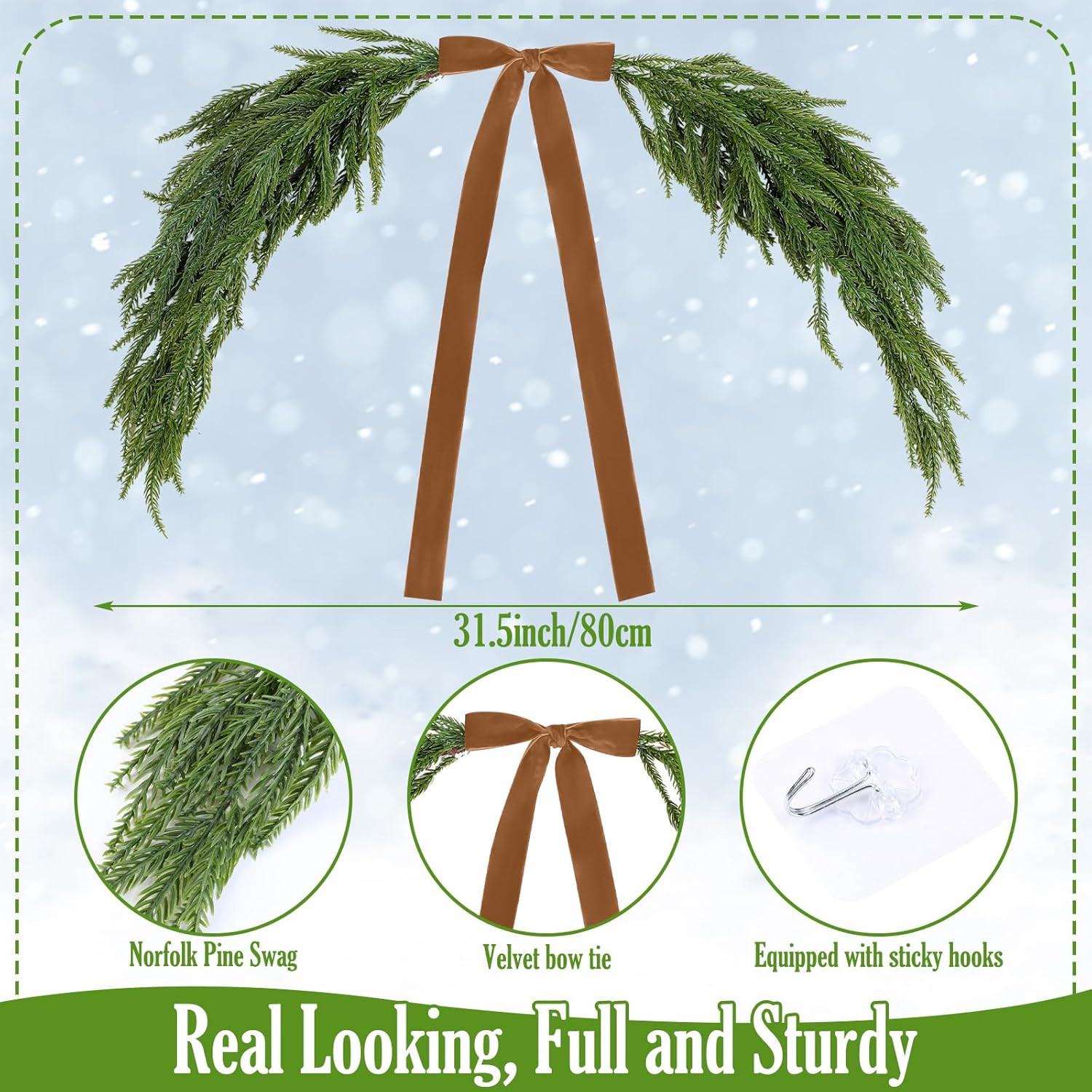 2.6ft Christmas Mirror Garland Artificial Norfolk Pine Swag for Mirror with Velvet Bow Faux Green... | Amazon (US)