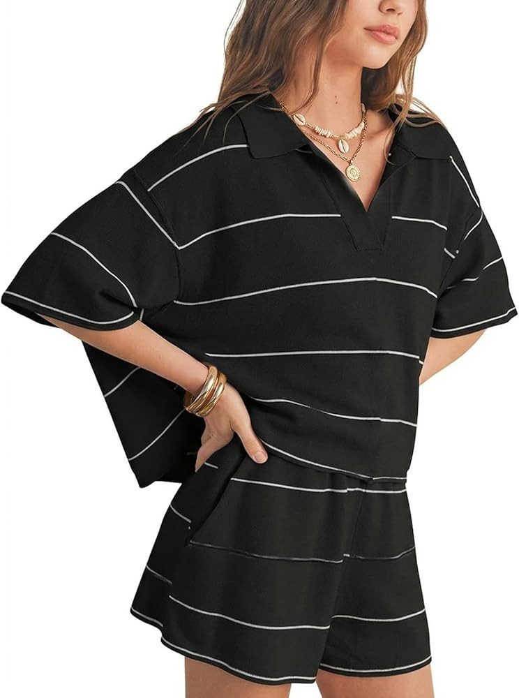 EXLURA Women Summer 2 Piece Outfits Faux Cashmere Sweater Knit Oversized Polo V Neck Top Matching... | Amazon (US)