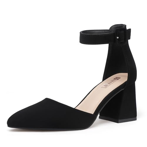 IDIFU Black Heels Closed Toe Women's Pumps Chunky Block Low Heels Dress Shoes for Women Wedding Prom Bridal Work Office Formal Shoes Comfortable Pointed Toe Small Short Thick Heels (Black Nubuck, 5.5) | Amazon (US)