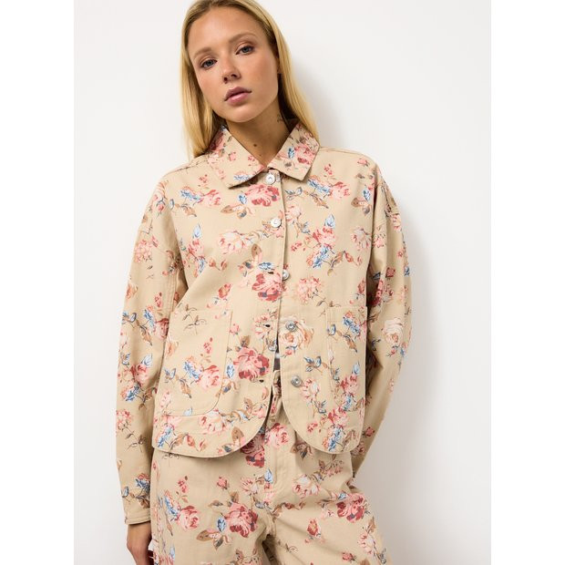 Cream Floral Printed Boxy Co-ord Denim Jacket 16 | Tu Clothing