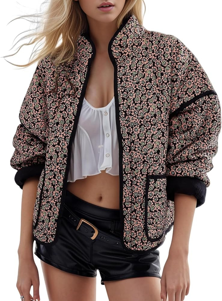 Yimoon Women's Cropped Puffer Quilted Jacket Vintage Floral Print Open Front Lightweight Short Ja... | Amazon (US)