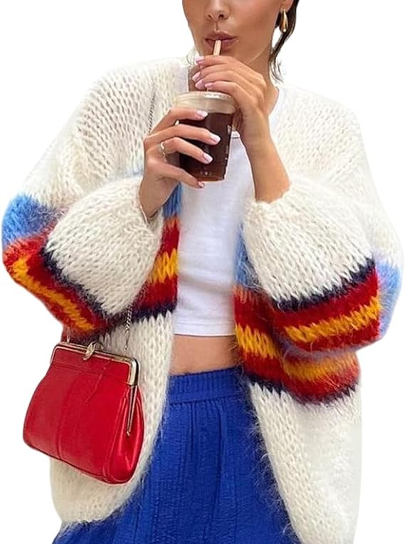 Yimoon Womens Oversized Chunky Cardigan Colored Striped Open Front Cardigan Top Lantern Long Slee... | Amazon (US)