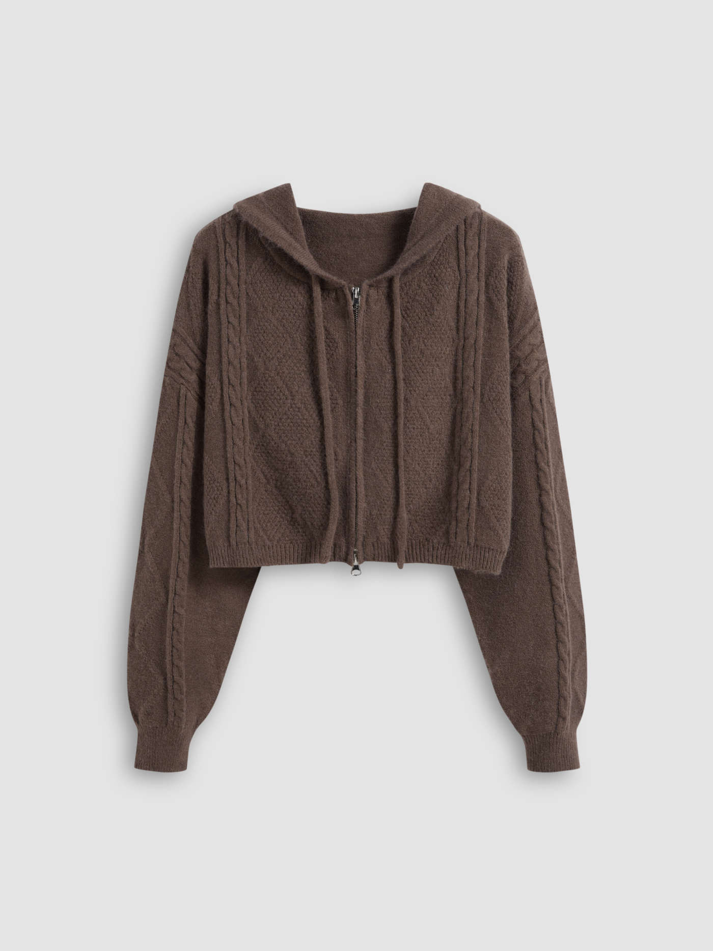 Cable Knit Hooded Solid Drawstring Zipper Cardigan | Cider