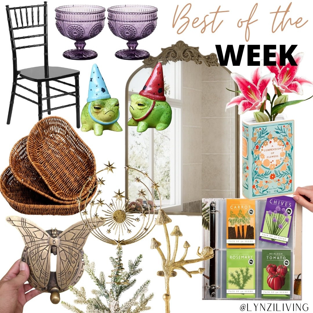 Best of the Week - the most collected items of last week

Home decor finds, home decor favorites, black chair, wooden chair, desk chair, purple compote bowls, decorative frog, witch frog, fruit basket, organization basket, brass door knocker, butterfly door knocker, gold tree topper, hedy tree topper, anthropologie tree topper, celestial tree topper, brass wall hook, brass coat hook, mushroom coat hook, toadstool coat hook, seed organization, brass wall mirror, decorative mirror, ornate mirror, book vase, floral vase

#LTKHome #LTKFindsUnder100 #LTKSeasonal