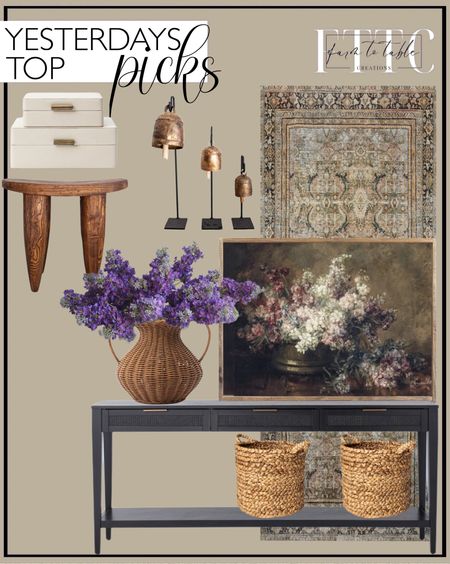 Yesterday’s Top Picks. Follow @farmtotablecreations on Instagram for more inspiration.

East Bluff Woven Drawer Console Table - Threshold designed with Studio McGee. Loloi Layla Collection, LAY-03, Olive/Charcoal Area Rug. Senufo Stool Side End Table Vintage Inspired African Hand Carved Living Room Bench. Lilac Bouquet Canvas Printed Sign. 13.5" x 14.5" Woven Decorative Basket - Threshold. Bell Stands Vintage Inspired Copper Bells Iron Bells Stands Luxe B Co. White Shagreen Box. Antonia Woven Vase. 24.8" Real Touch Faux Purple Lilacs Branch, Artificial Lilacs Hydrangeas Flowers. 




#LTKSaleAlert #LTKFindsUnder50 #LTKHome