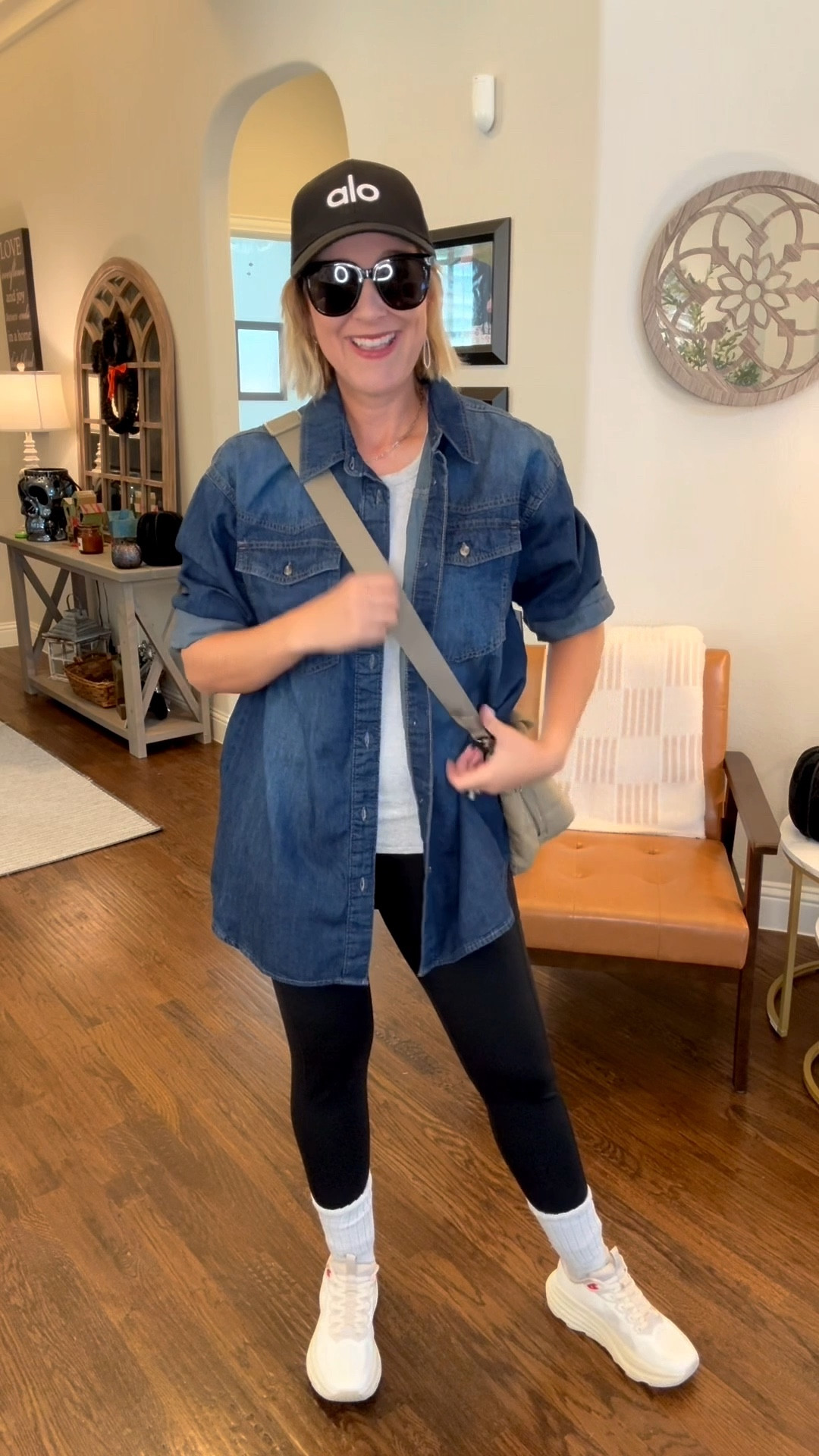 🛒➡️Another Momiform brought to you by the CrossingGuard!  

This oversized denim top is so comfy (I’m wearing a small and it’s really big on me so I might even size down!!) 

😮‍💨It fully covers the booty (praise!) and can be throw on with anything you would wear your denim jacket with! (Yes we need to phase the denim jacket out ladies ..I know I know but we can do it!) 

💭My leggings from Amazon have tummy control and don’t fall down in the back and my FAV tank under (with built in bra!) LETS GO!! 🎉🎉🎉