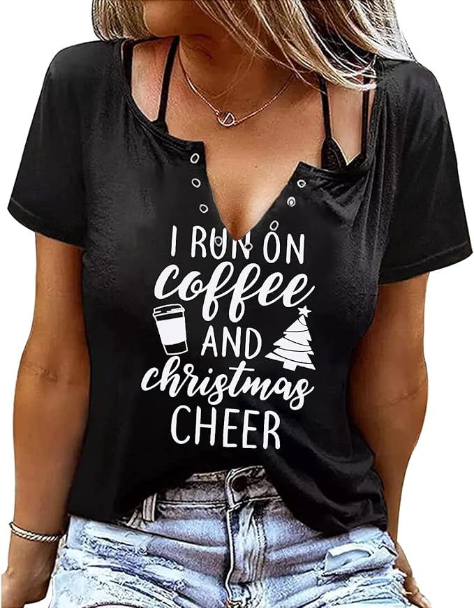 LUKYCILD Christmas Shirts for Women I Run On Coffee and Christmas Cheer Shirt Short Sleeve Holida... | Amazon (US)