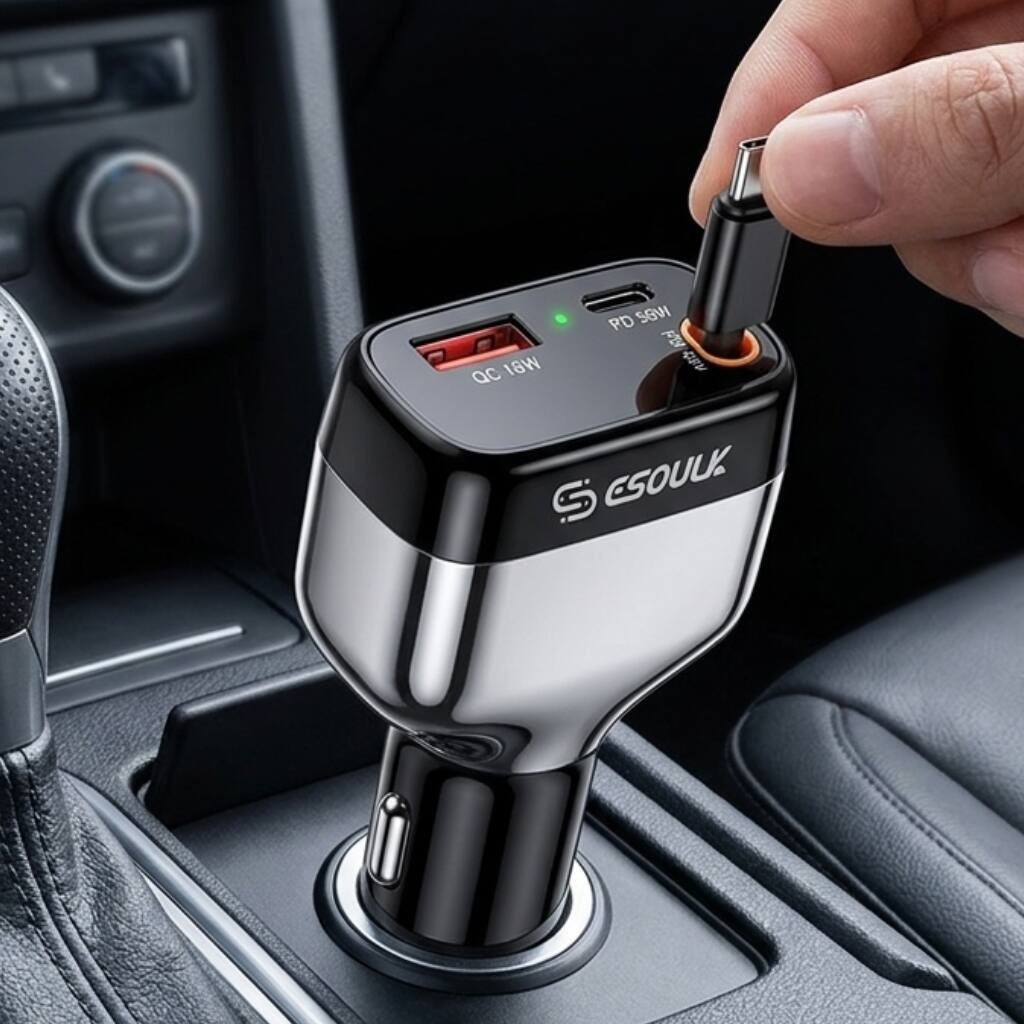 Esoulk - USB-C PD USB-A QC Car Charger with Retractable Cable - 3 Ports 81W Total Outputs - Black | Best Buy U.S.