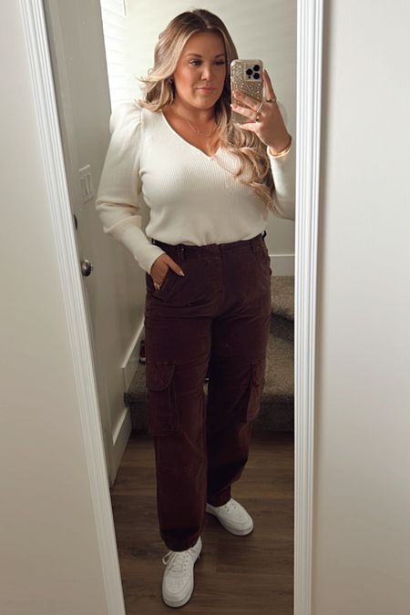 curvy neutral winter look! wearing size large in cream sweater and size 12 in crushed velvet chocolate cargos 

#LTKSeasonal #LTKHoliday #LTKcurves