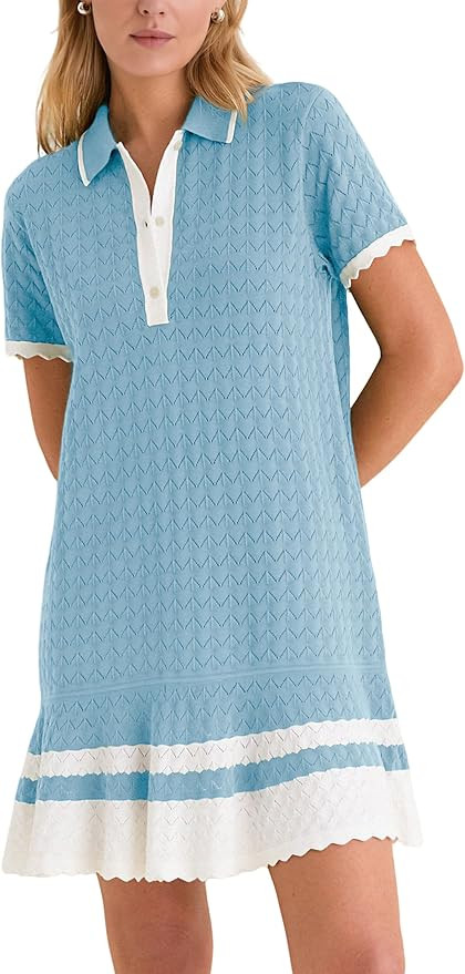 Shiyifa Womens Summer Sweater Polo Dresses Crochet Knit Short Sleeve Mini Dress Loose Casual Sund... | Amazon (US)