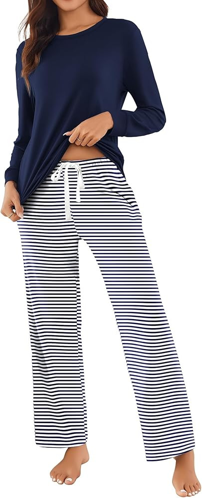 Ekouaer Womens 2 Piece Pajama Set Long Sleeve PJs with Plaid Pants Drawstring Elastic Waist Sleep... | Amazon (US)