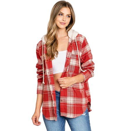 Love Tree Women s Oversize Plaid Hooded Flannel Shirt (Medium Red) | Walmart (US)