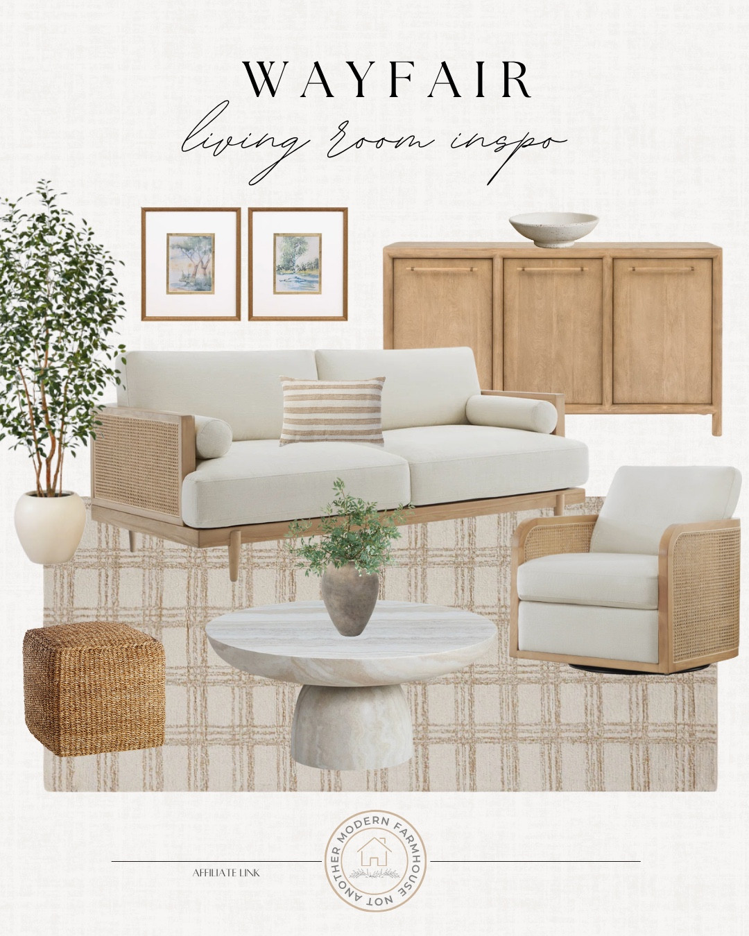 Wayfair living room inspiration includes sofa, accent chair, area rug, coffee table, vase, greenery stems, ottoman, buffet, decorative bowl, wall art, and faux tree.

Home decor, neutral home, looks for less

#LTKSaleAlert #LTKHome #LTKSeasonal