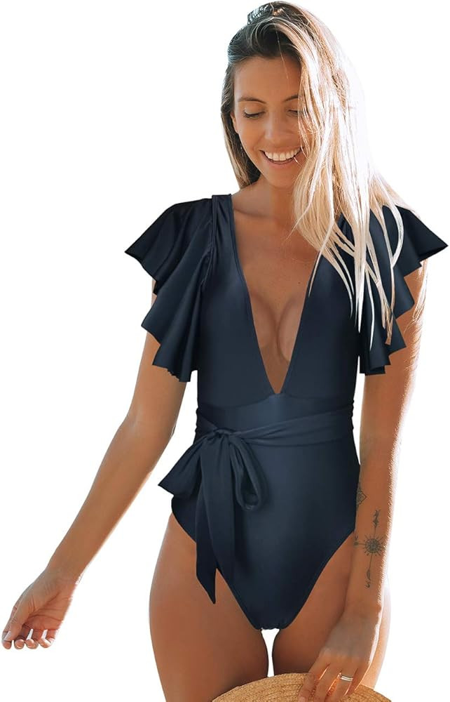 Telaura One Piece Flounce Swimsuit Ladies Ruffle Floral Print Monokini | Amazon (US)