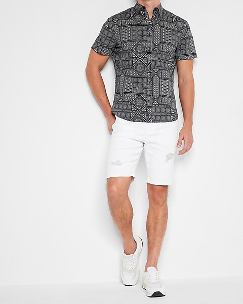 Ripped White Raw Hem Temp Control Hyper Stretch Jean Shorts | Express