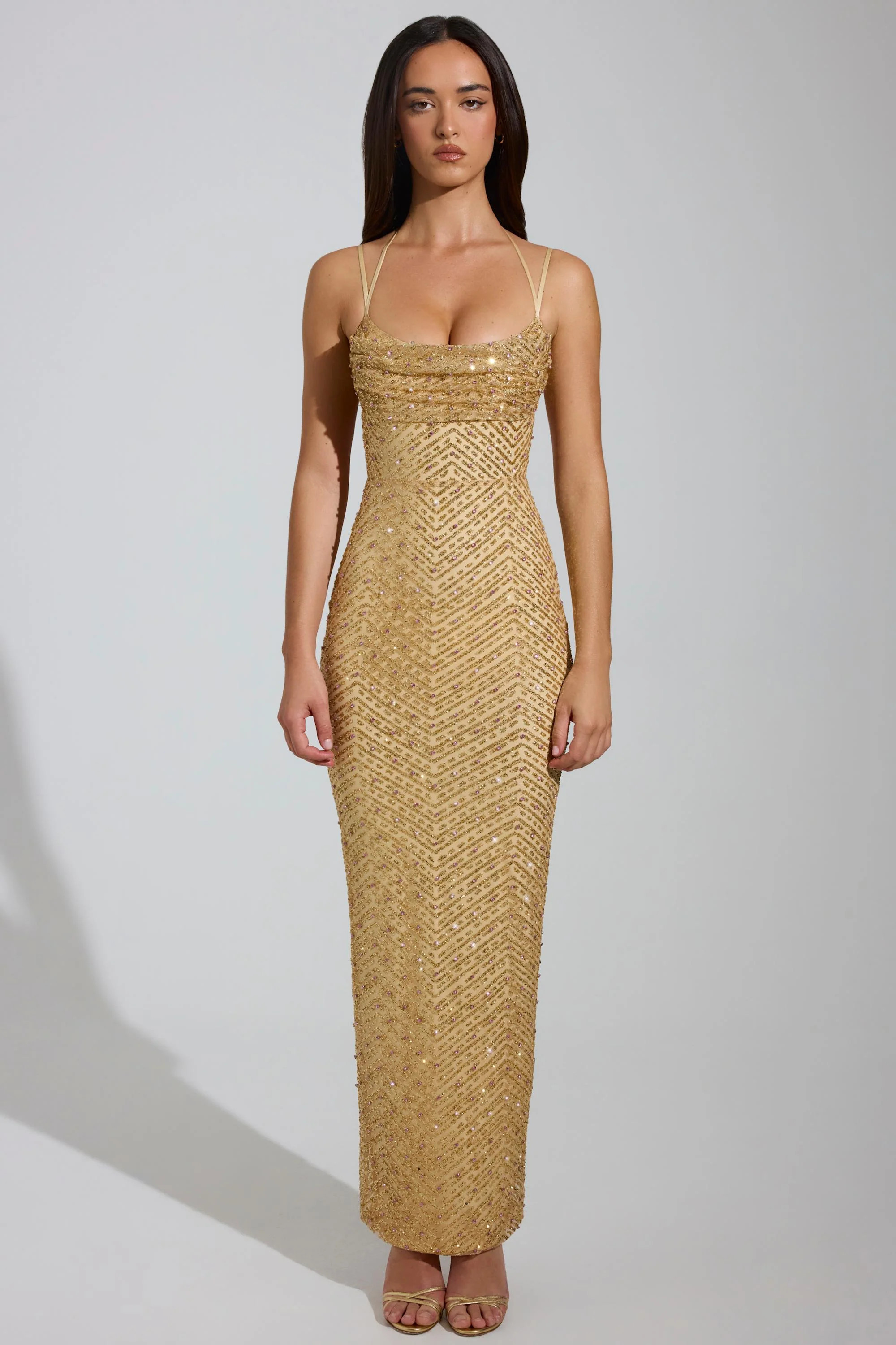 Embellished Cowl-Neck Maxi Dress in Gold | Oh Polly