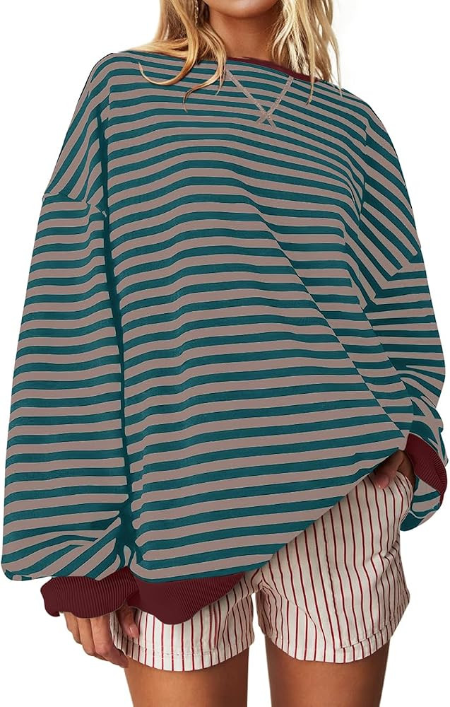 UEU Women Oversized Striped Crewneck Sweatshirt Long Sleeve Color Block Pullover Tops Casual Loos... | Amazon (US)