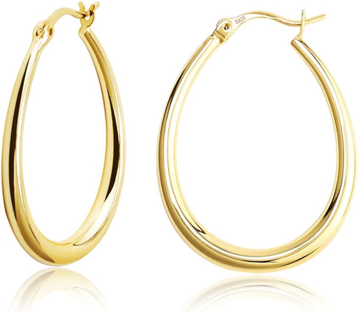 Silver Oval Hoop Earrings Hypoallergenic 14K Gold Plated Sterling Silver Lightweight Oval Hoop Ea... | Amazon (US)