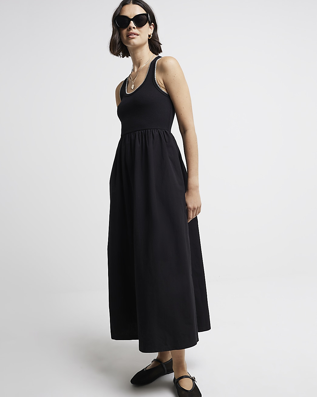 Black whipstitch skater midi dress | River Island (UK & IE)