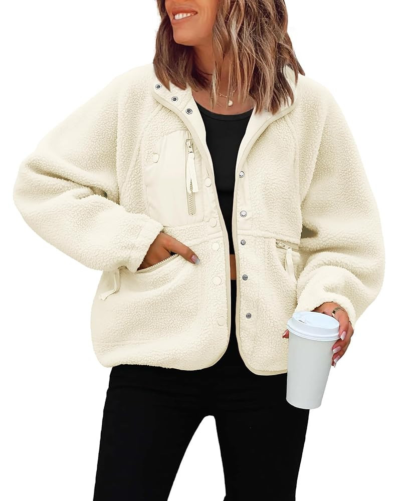 ReachMe Womens Sherpa Jacket Casual Lapel Button Down Cropped Fuzzy Fleece Jackets Long Sleeve Wi... | Amazon (US)