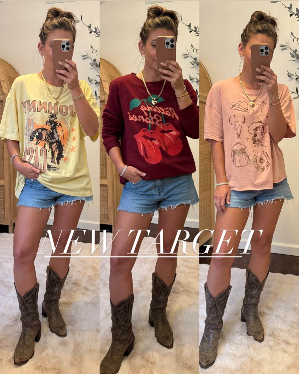 New target finds
Pink disco cowgirl graphic tee size small
Johnny cash tee size medium
Rolling stone cherry sweatshirt size medium
Denim cutoff shorts size 2
Gold heart chunky necklace 
Cowboy boots 15 years old Dan Post 

#target #country #concert #weatern #laurabeverlin 

#LTKFindsUnder50 #LTKSaleAlert