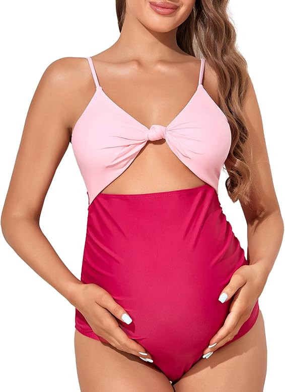 Summer Mae Maternity Cutout One Piece Swimsuit Color Block Bathing Suit Front Tie Knot Pregnancy ... | Amazon (US)