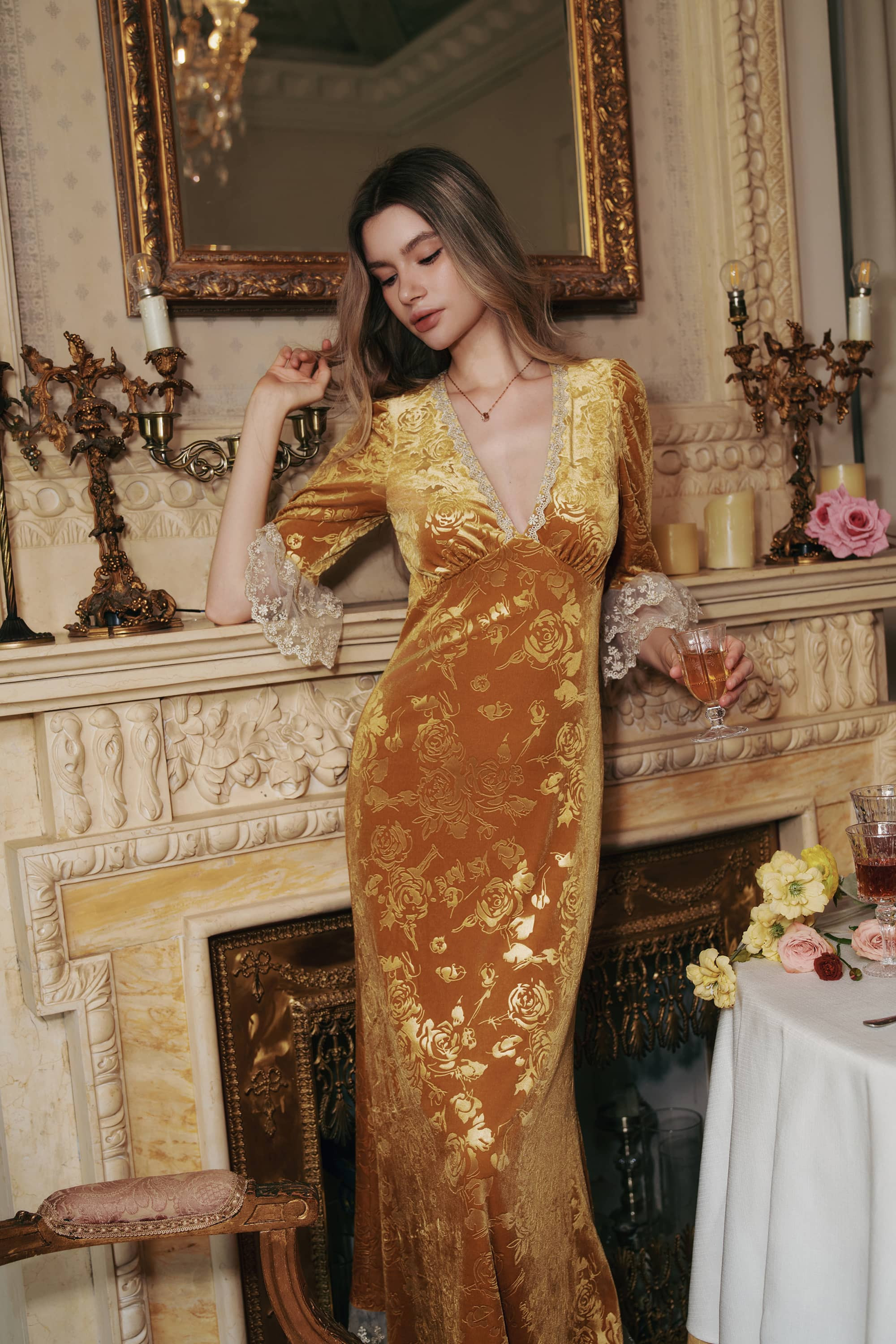 Gwyneth Embossed Velevt Maxi Dress in Gold | American Heiress
