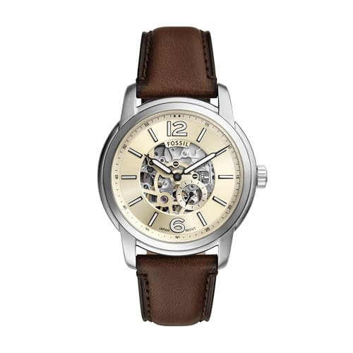 Fossil Men's Heritage Automatic Silver Stainless Steel and Brown Leather Band Watch (Model: ME3264) | Amazon (US)